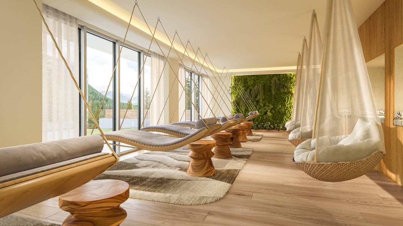 Rendering of Rimrock Banff’s floating meditation room featuring serene design, airy light, and breathtaking alpine scenery.