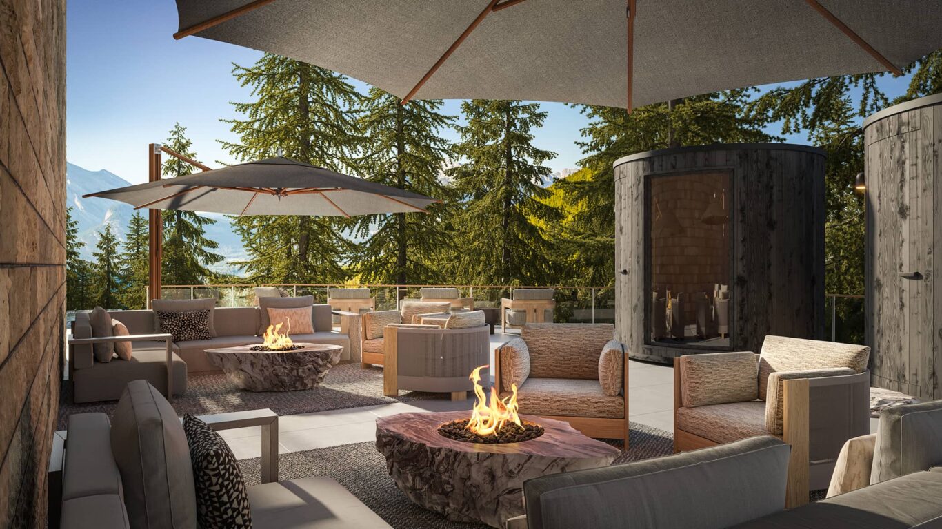 Rendering of outdoor barrel saunas and firepit area at Rimrock Banff, Emblems Collection with mountain views in the background.