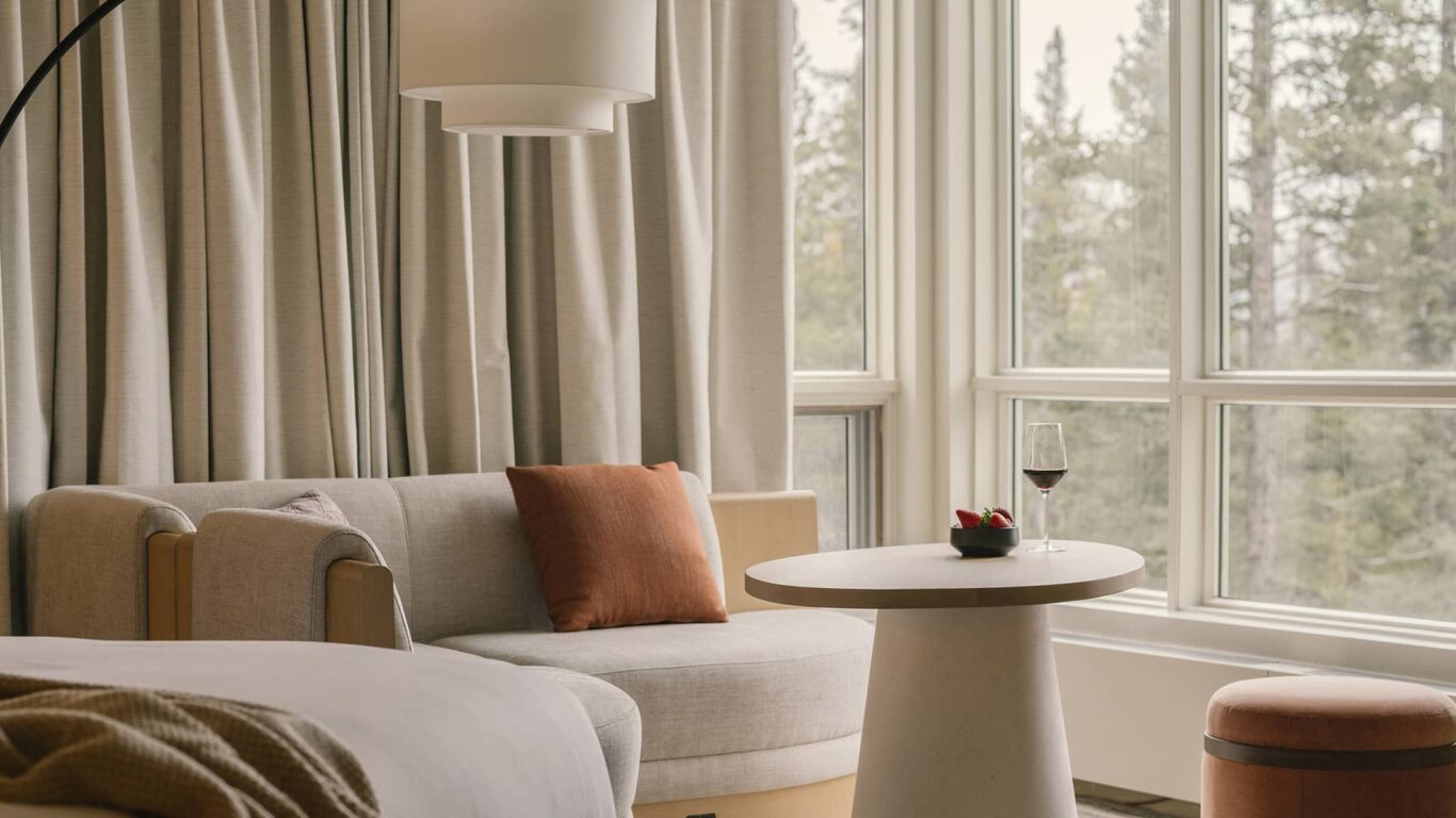 A cozy window nook overlooking a serene forest, perfect for relaxing with a glass of win