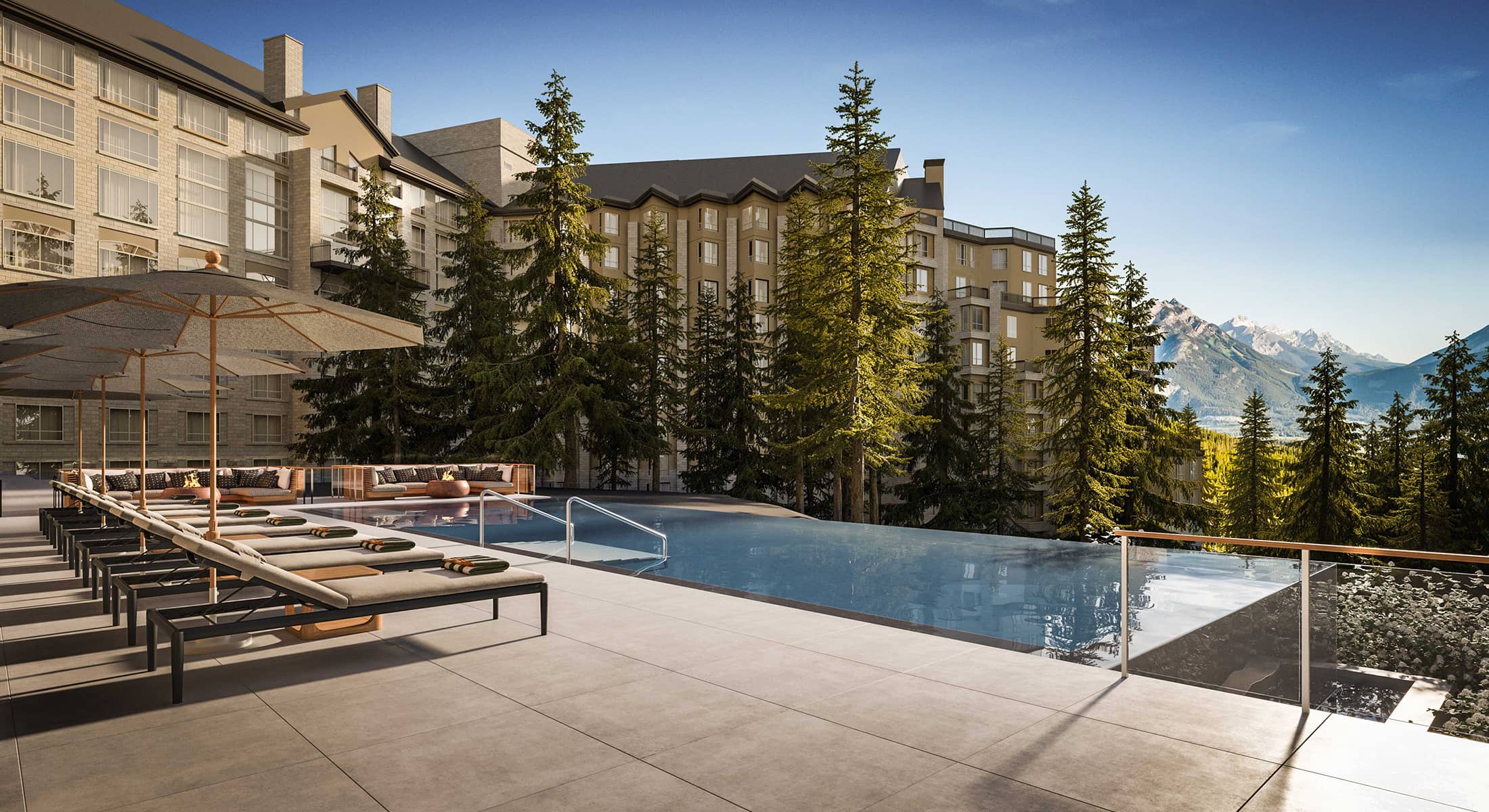 Rendering of Rimrock Banff’s outdoor infinity pool overlooking Banff National Park and the surrounding Rocky Mountains.