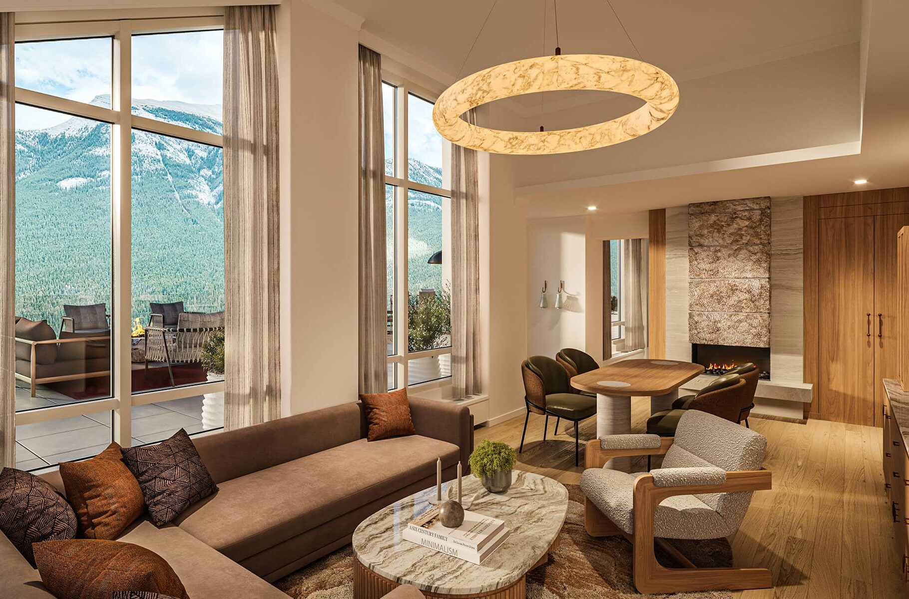 A rendering of the Infinity Two-Bedroom Suite at Rimrock Banff featuring a spacious living area with modern furnishings, a fireplace, and floor-to-ceiling windows opening to a terrace with panoramic mountain views.