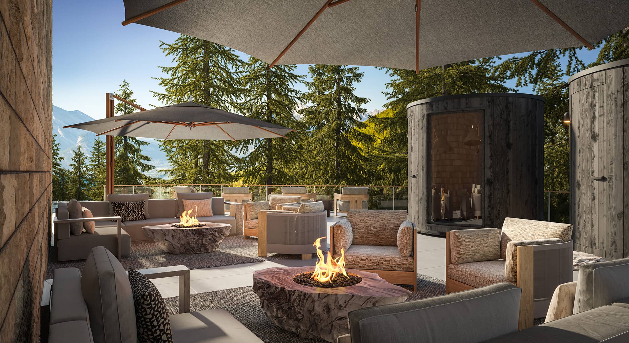 Rendering of outdoor barrel saunas and firepit area at Rimrock Banff, Emblems Collection with mountain views in the background.