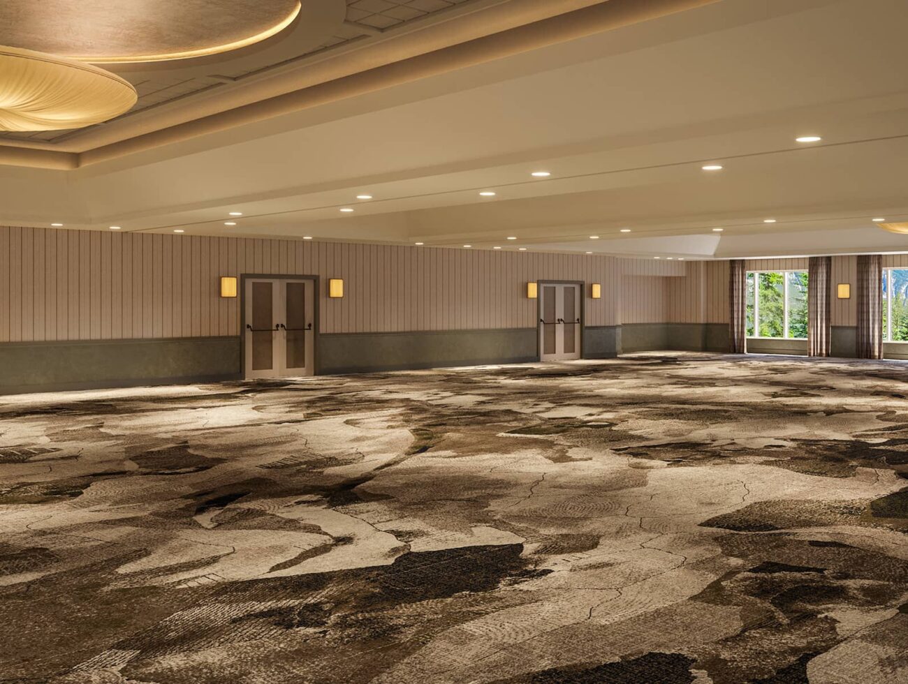 Rendering of the Ballroom at Rimrock Banff featuring expansive space, natural light through large windows, elegant lighting, and mountain views.