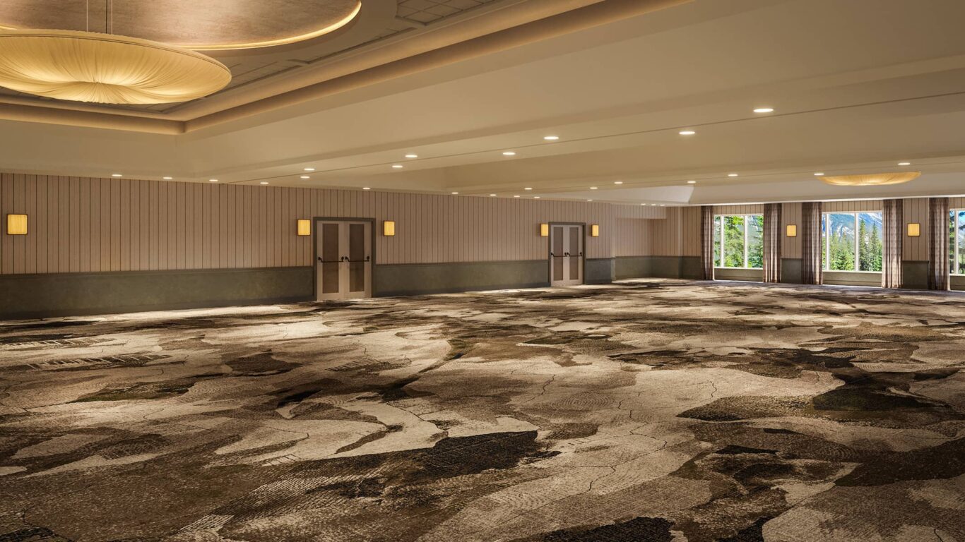 Rendering of the Ballroom at Rimrock Banff featuring expansive space, natural light through large windows, elegant lighting, and mountain views.