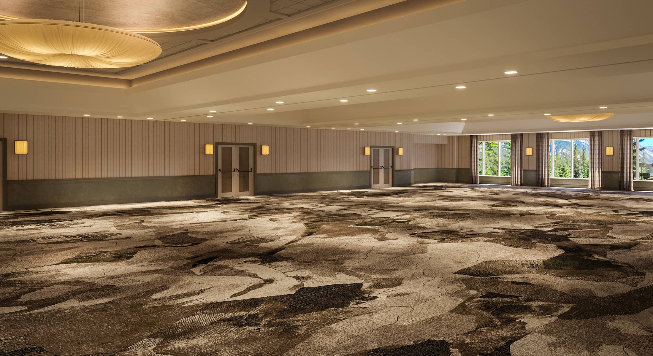 Rendering of the Ballroom at Rimrock Banff featuring expansive space, natural light through large windows, elegant lighting, and mountain views.