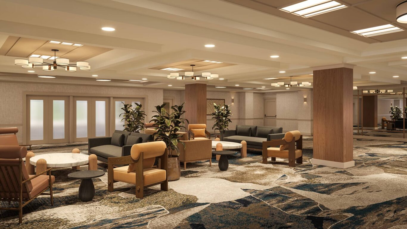 Rendering of Rimrock Banff’s pre-function event space featuring contemporary lounge seating, warm lighting, natural tones, and elegant modern décor.