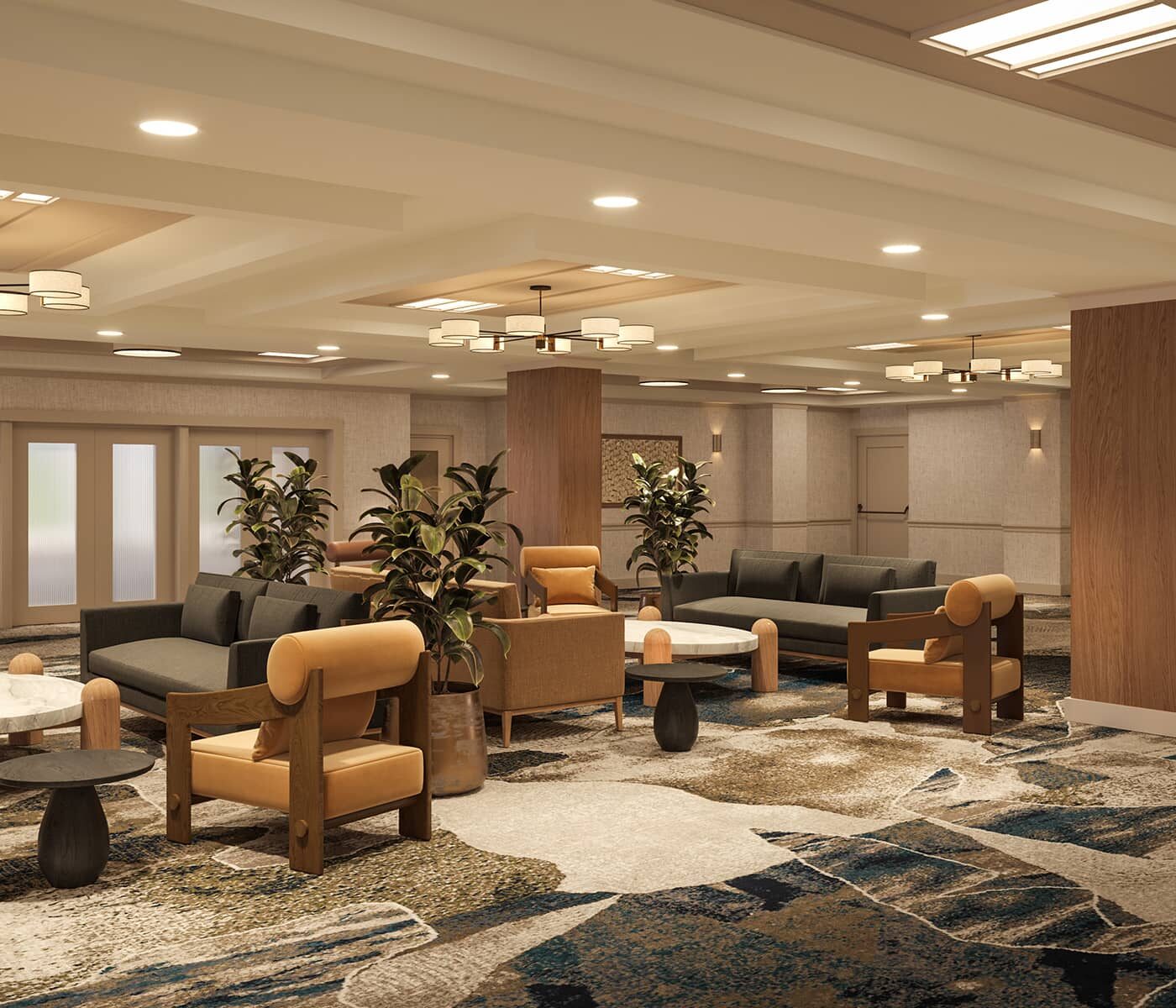 Rendering of Rimrock Banff’s pre-function event space featuring contemporary lounge seating, warm lighting, natural tones, and elegant modern décor.