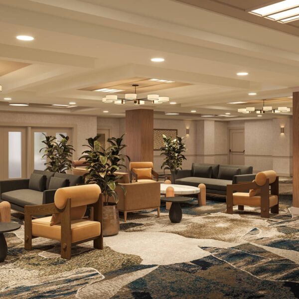 en::Rendering of Rimrock Banff’s pre-function event space featuring contemporary lounge seating, warm lighting, natural tones, and elegant modern décor.| fr::L’espace événementiel du Rimrock Banff propose des fauteuils contemporains, un éclairage chaleureux, des tons naturels et une décoration moderne et élégante.| es::Imagen del espacio para eventos previo a la recepción de Rimrock Banff, que cuenta con un área de estar contemporánea, iluminación cálida, tonos naturales y decoración moderna y elegante.