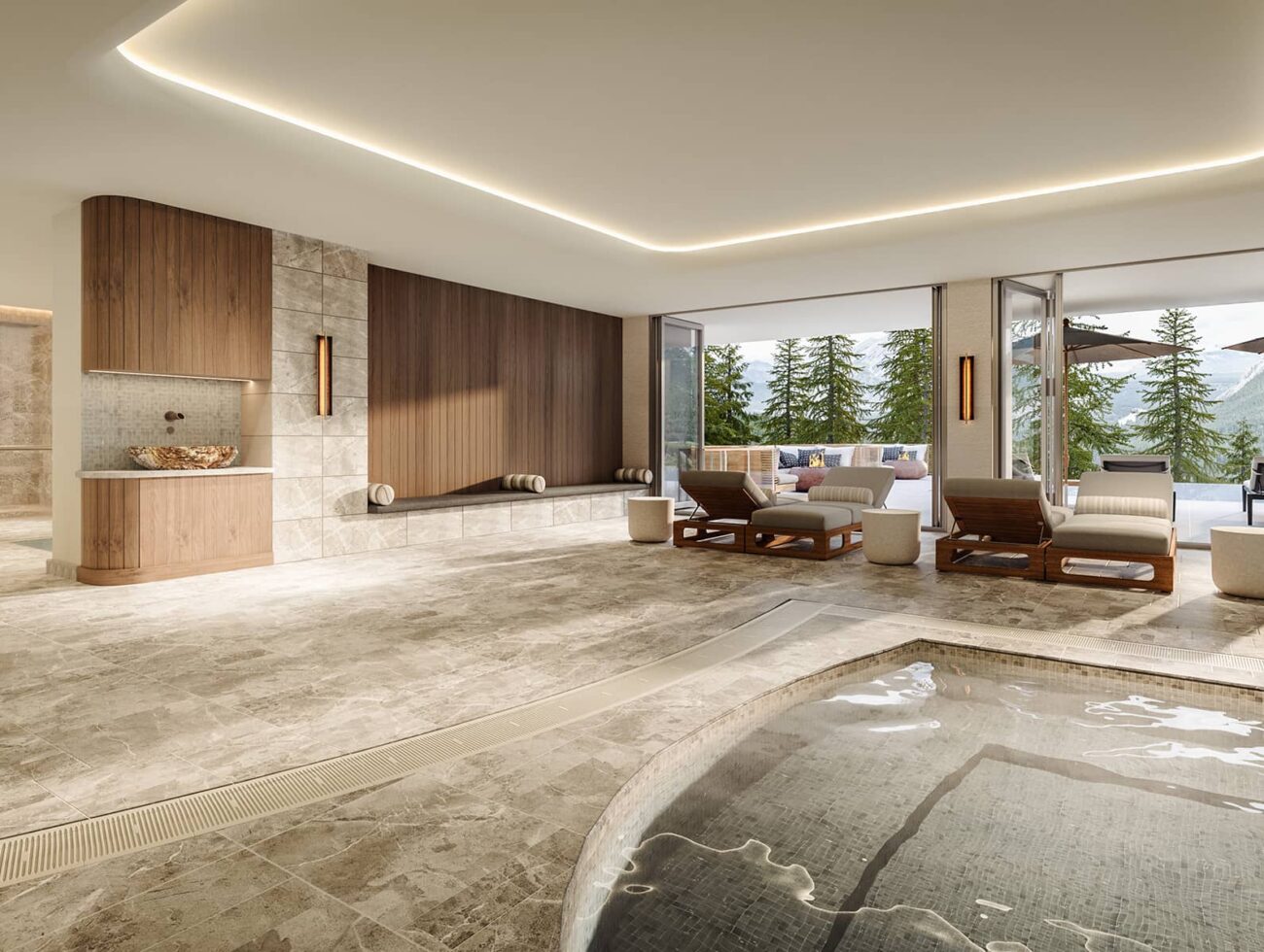 Área de bienestar en el interior en Rimrock Banff, Emblems Collection que cuenta con una piscina de hidroterapia de agua templada, tumbonas y ventanales que se abren para disfrutar de la vista al bosque y a las montañas.
