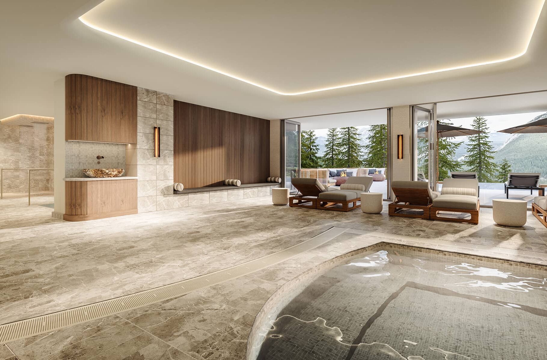 Indoor wellness area at Rimrock Banff, Emblems Collection featuring a warm hydrotherapy pool, lounge chairs, and floor-to-ceiling windows opening to forest and mountain views.