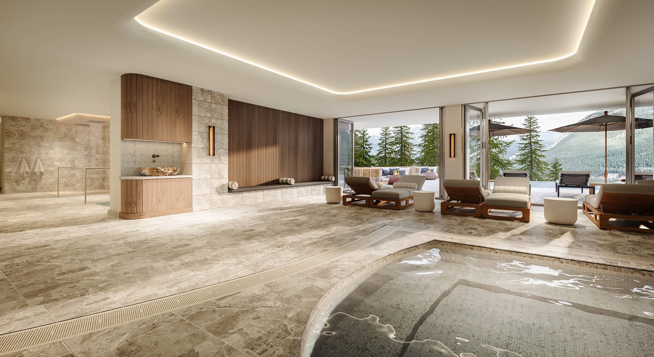 Indoor wellness area at Rimrock Banff, Emblems Collection featuring a warm hydrotherapy pool, lounge chairs, and floor-to-ceiling windows opening to forest and mountain views.