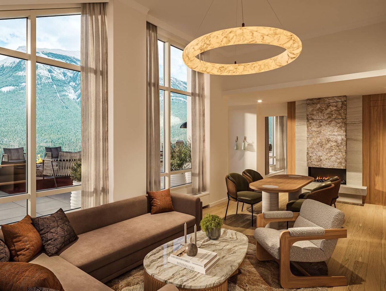 A rendering of the Infinity Two-Bedroom Suite at Rimrock Banff featuring a spacious living area with modern furnishings, a fireplace, and floor-to-ceiling windows opening to a terrace with panoramic mountain views.