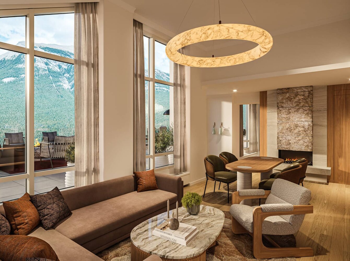A rendering of the Infinity Two-Bedroom Suite at Rimrock Banff featuring a spacious living area with modern furnishings, a fireplace, and floor-to-ceiling windows opening to a terrace with panoramic mountain views.