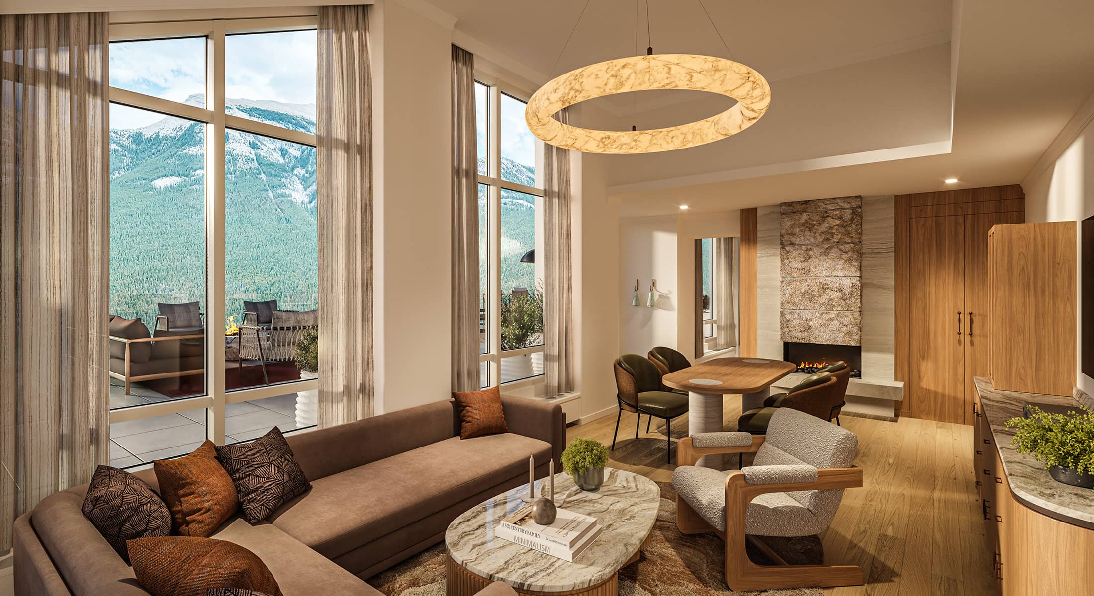 A rendering of the Infinity Two-Bedroom Suite at Rimrock Banff featuring a spacious living area with modern furnishings, a fireplace, and floor-to-ceiling windows opening to a terrace with panoramic mountain views.
