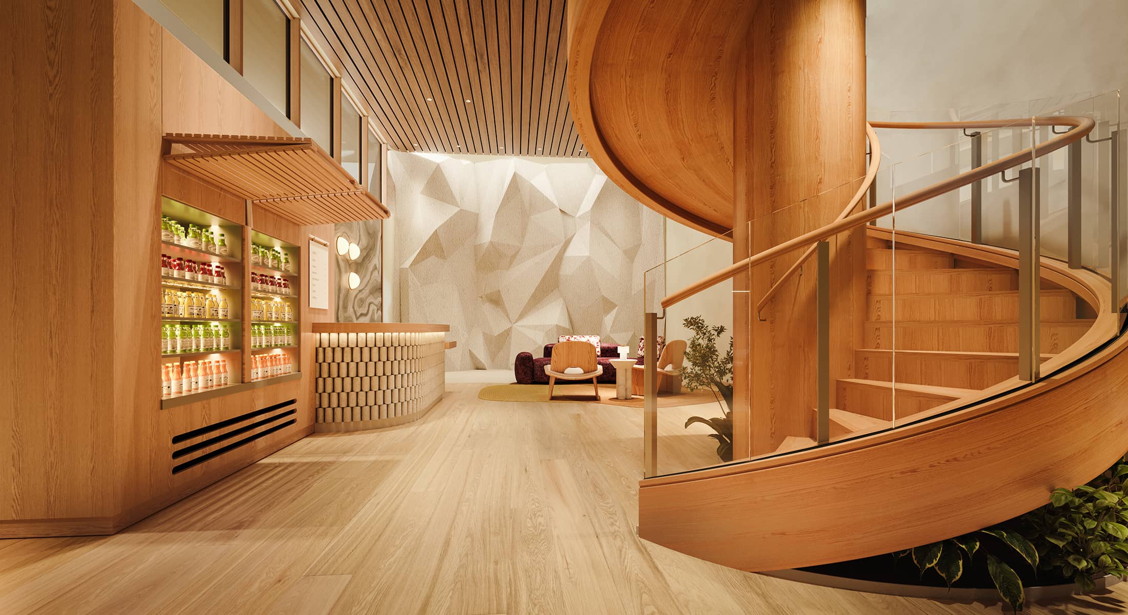 The wellness reception at Rimrock Banff, Emblems Collection features a curved wooden staircase, a juice bar with bottled drinks, seating area, and sculpted climbing wall.