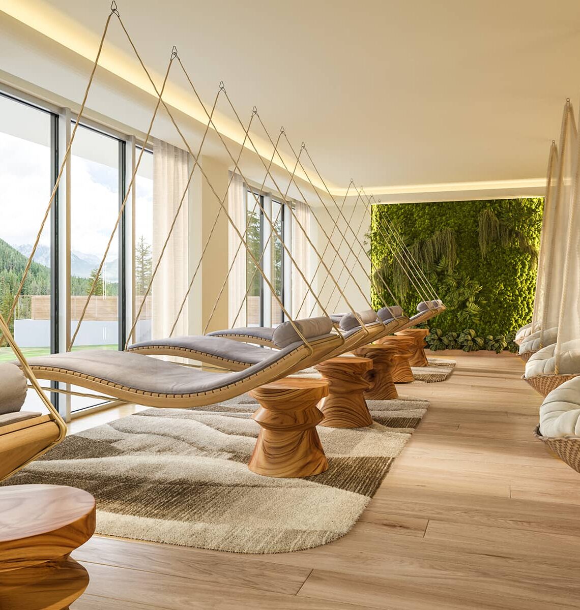 Rendering suspended meditation room at Rimrock Banff, Emblems Collection with hanging loungers, soft light, wood accents, and tranquil mountain views.