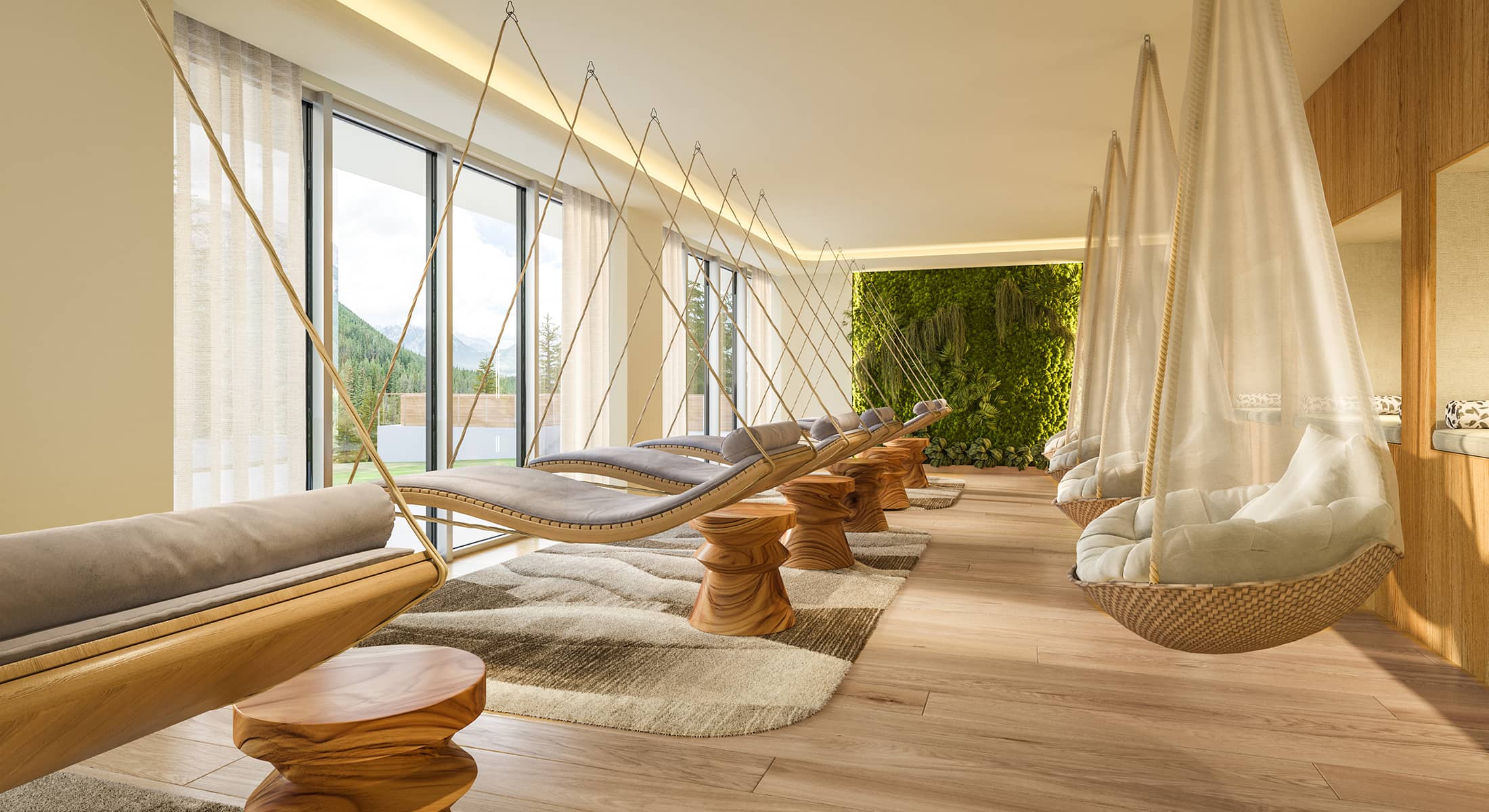 Rendering suspended meditation room at Rimrock Banff, Emblems Collection with hanging loungers, soft light, wood accents, and tranquil mountain views.