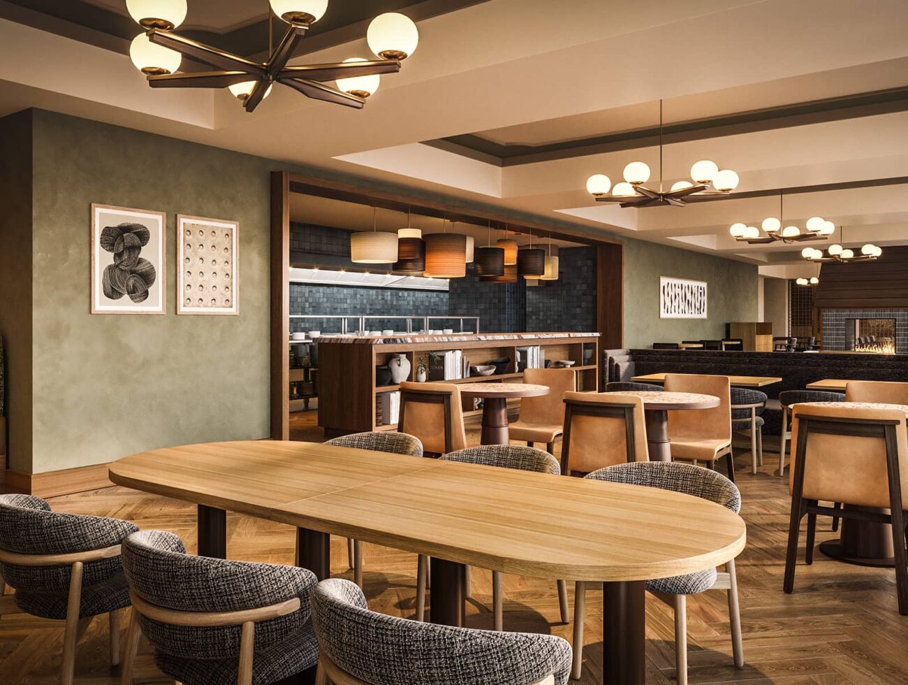 A rendering of the warm, modern dining room at Parker’s Table in Rimrock Banff, featuring wood furnishings, soft lighting, and a central fireplace.