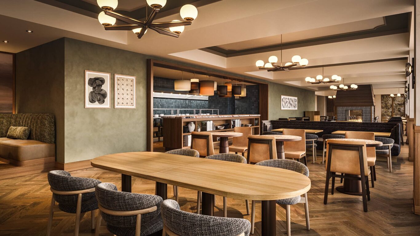 A rendering of the warm, modern dining room at Parker’s Table in Rimrock Banff, featuring wood furnishings, soft lighting, and a central fireplace.