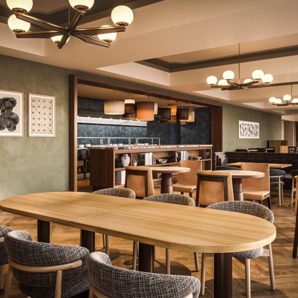 en::A rendering of the warm, modern dining room at Parker’s Table in Rimrock Banff, featuring wood furnishings, soft lighting, and a central fireplace.| fr::Rendu de la salle à manger chaleureuse et moderne du Parker’s Table au Rimrock Banff, avec ses meubles en bois, ses lumières tamisées et sa cheminée centrale.| es:Una imagen del cálido y moderno comedor de Parker's Table en Rimrock Banff, con muebles de madera, iluminación tenue y una chimenea central.