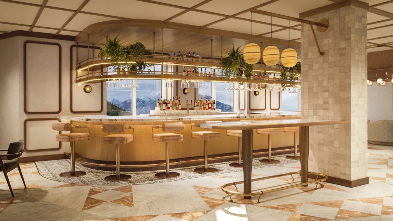 A rendering of the bright, elegant bar inside Parker’s Table at Rimrock Banff, featuring panoramic mountain views through large windows.