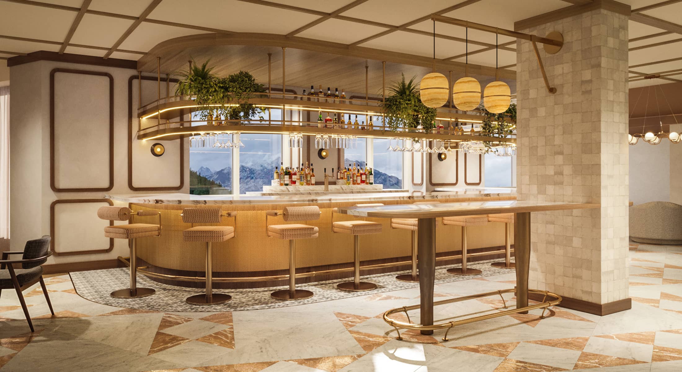 A rendering of the bright, elegant bar inside Parker’s Table at Rimrock Banff, featuring panoramic mountain views through large windows.