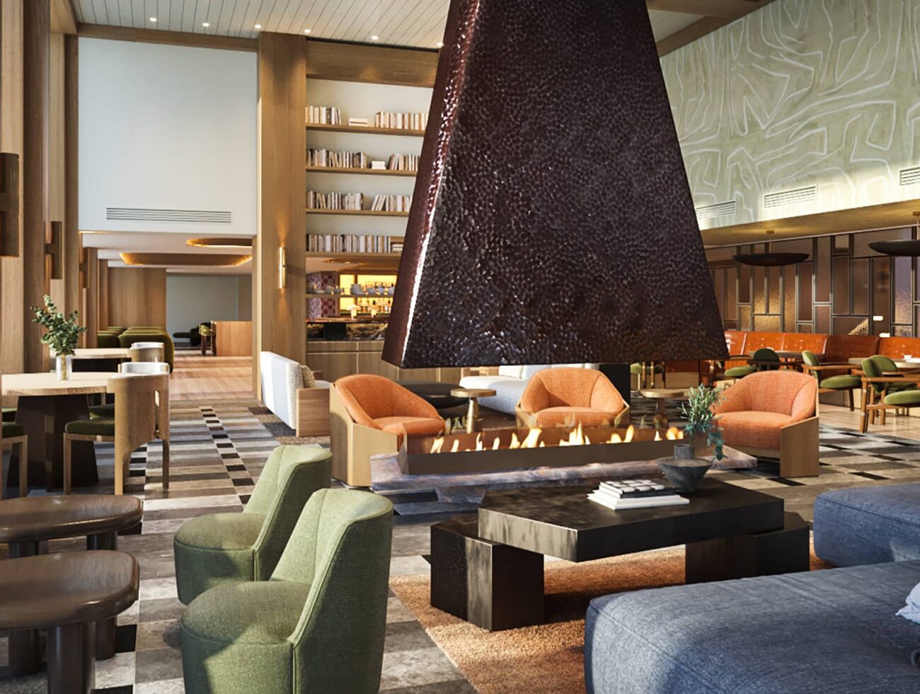 Lobby bar rendering of Social at Rimrock Banff, Emblems Collection showcasing elegant alpine interiors and a sophisticated gathering space.