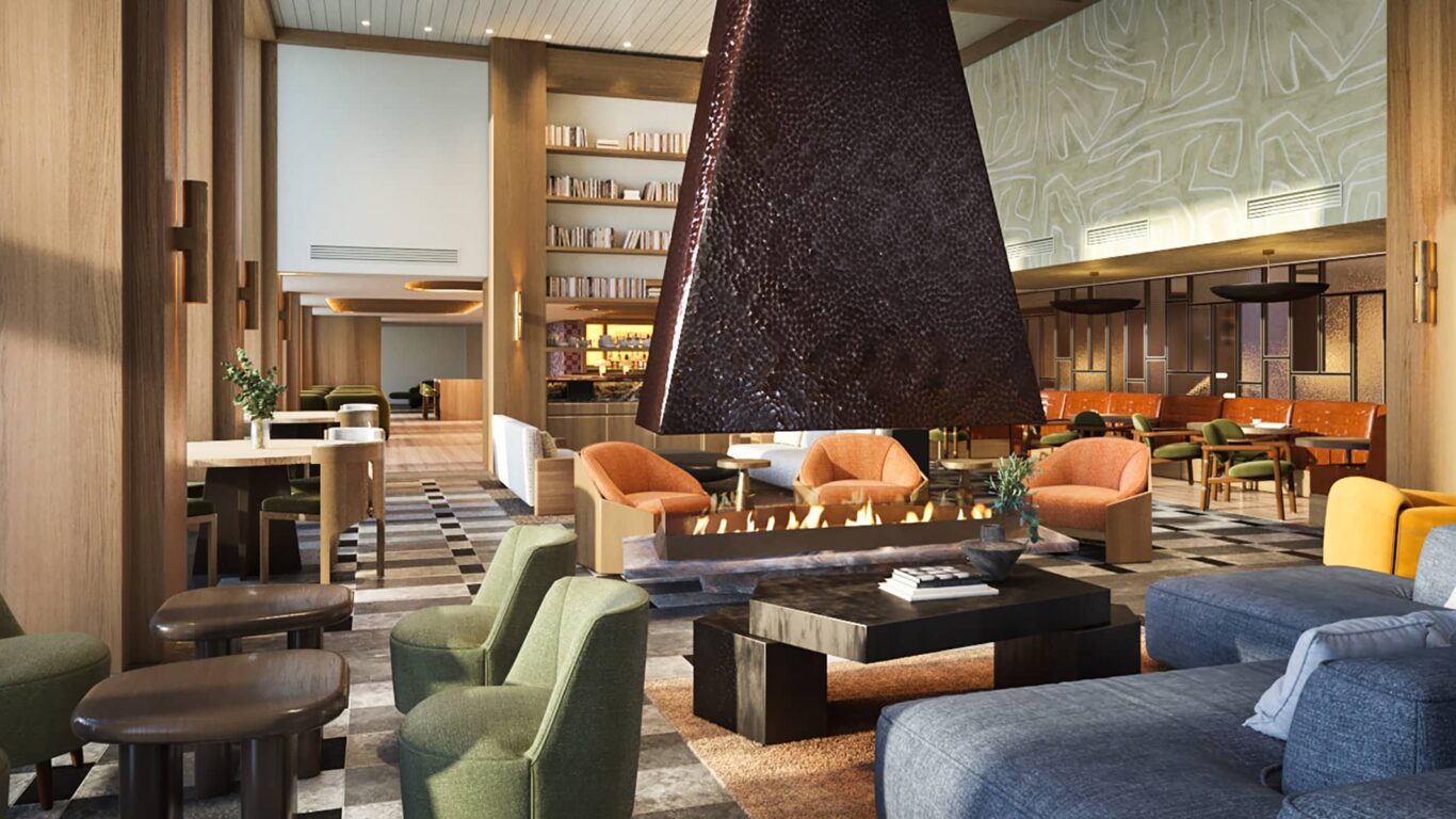 Lobby bar rendering of Social at Rimrock Banff, Emblems Collection showcasing elegant alpine interiors and a sophisticated gathering space.