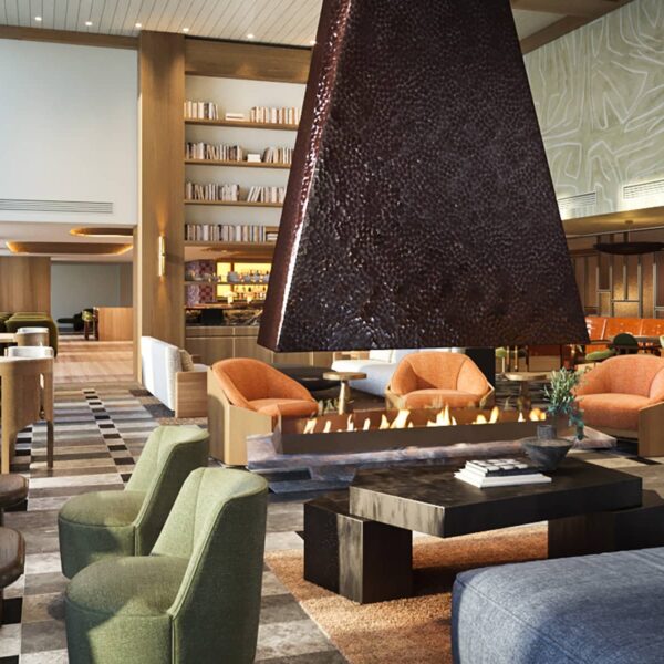 en:: Lobby bar rendering of Social at Rimrock Banff, Emblems Collection showcasing elegant alpine interiors and a sophisticated gathering space. | fr:: Rendu du bar Social à l’entrée du Rimrock Banff, Emblems Collection, avec son intérieur pittoresque élégant et son espace de réunion sophistiqué. | es:: Imagen del bar del vestíbulo de Social en Rimrock Banff, Emblems Collection con elegantes interiores de estilo alpino y un sofisticado espacio para reuniones. |