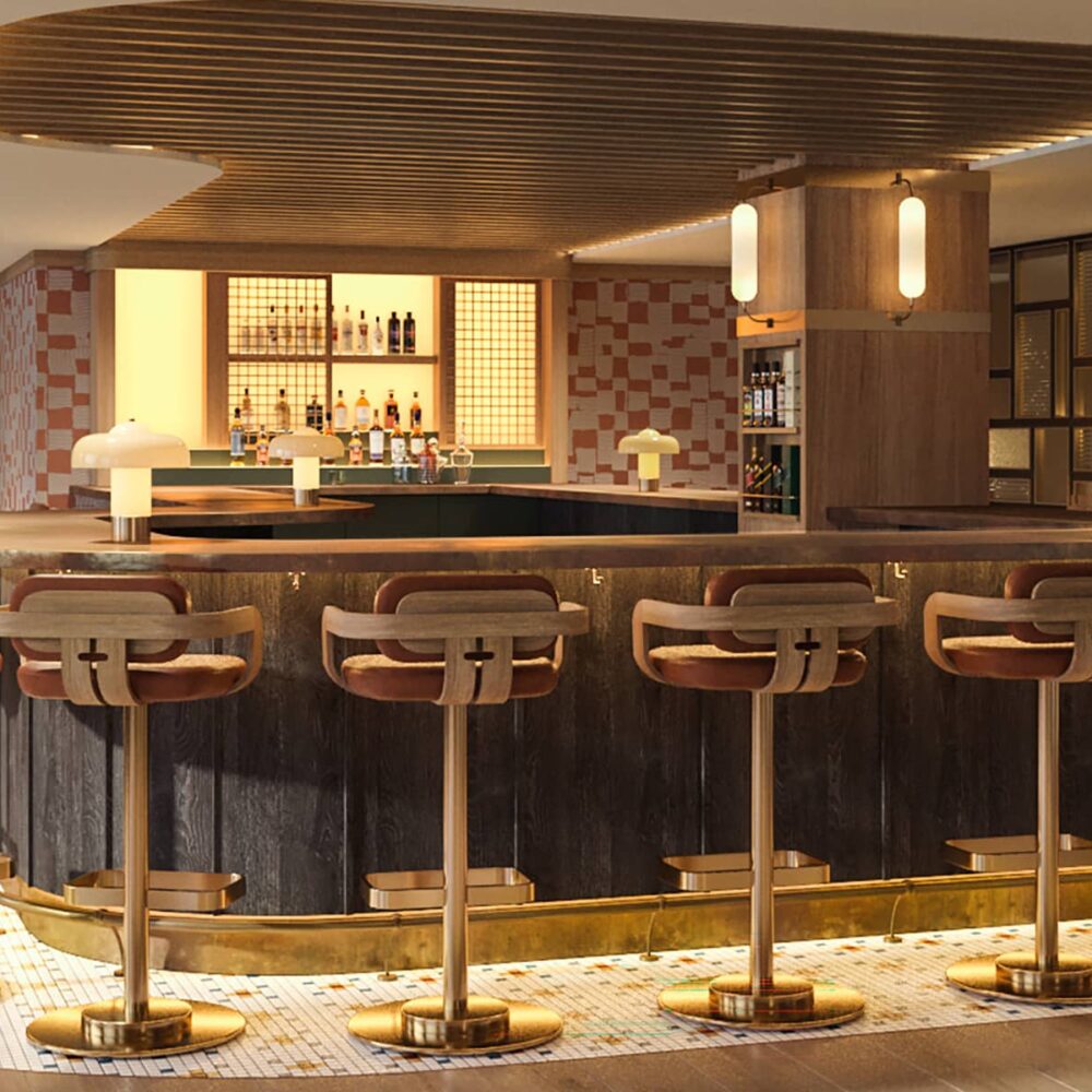 Lobby bar rendering of Social at Rimrock Banff, Emblems Collection showcasing elegant alpine interiors and a sophisticated gathering space.