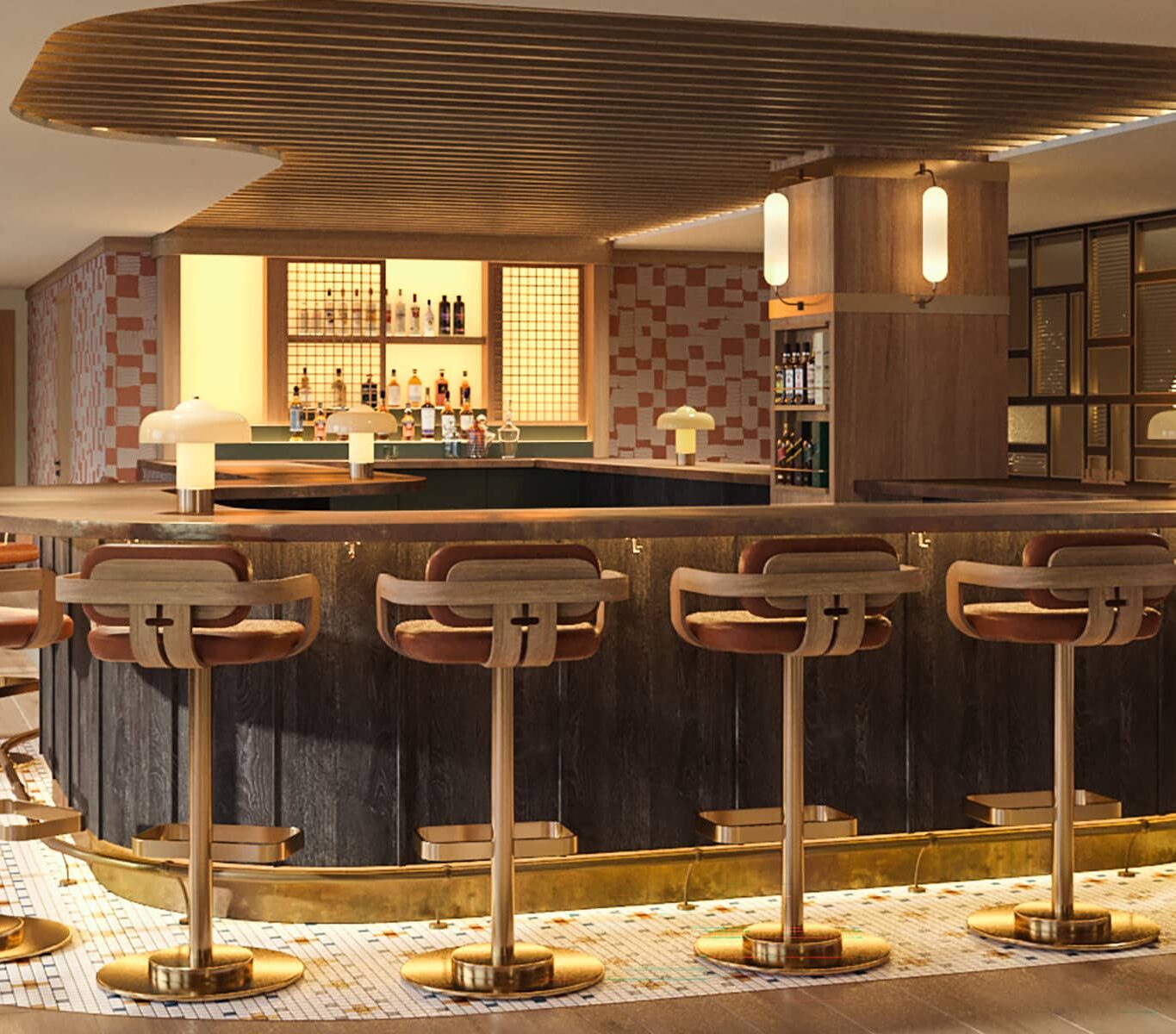 Lobby bar rendering of Social at Rimrock Banff, Emblems Collection showcasing elegant alpine interiors and a sophisticated gathering space.