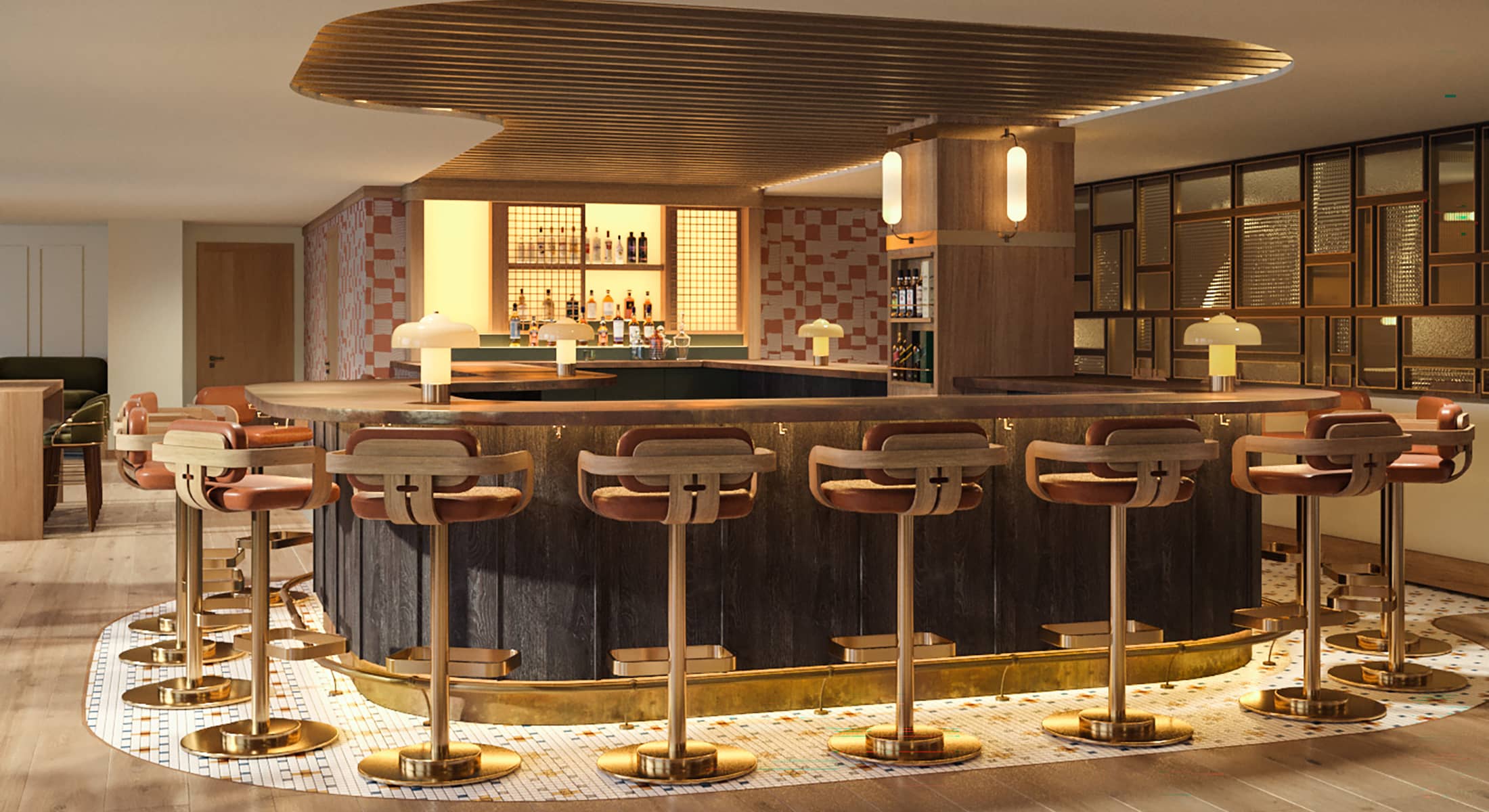 Lobby bar rendering of Social at Rimrock Banff, Emblems Collection showcasing elegant alpine interiors and a sophisticated gathering space.