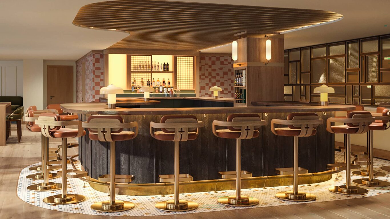 A rendering of the bar at Social at Rimrock Banff, featuring warm lighting, brass accents, and leather bar stools surrounding a curved wooden counter.