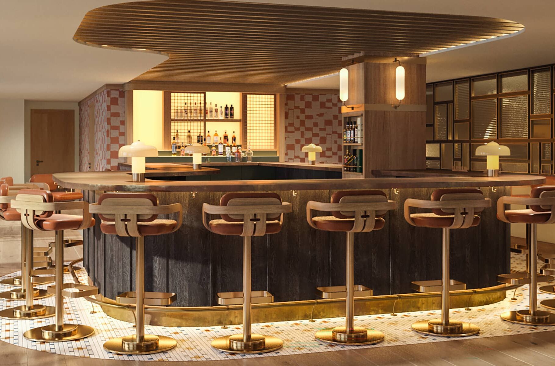 A rendering of the bar at Social at Rimrock Banff, featuring warm lighting, brass accents, and leather bar stools surrounding a curved wooden counter.