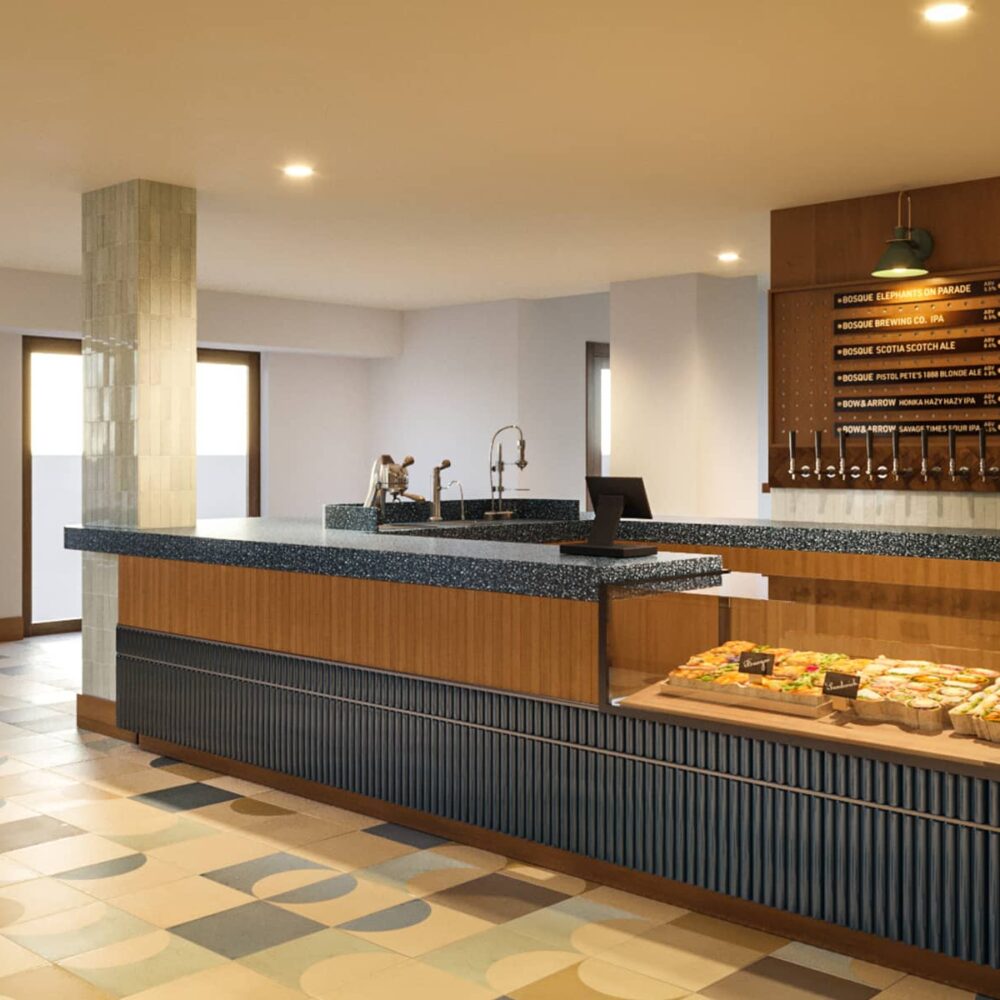 A rendering of the bright counter inside The Market at Rimrock Banff, featuring taps for local craft beers, fresh sandwiches.