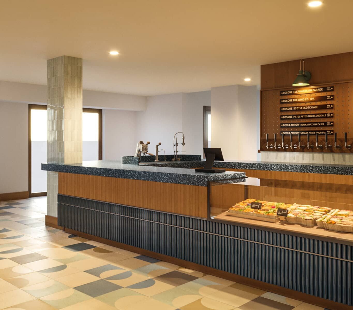 A rendering of the bright counter inside The Market at Rimrock Banff, featuring taps for local craft beers, fresh sandwiches.