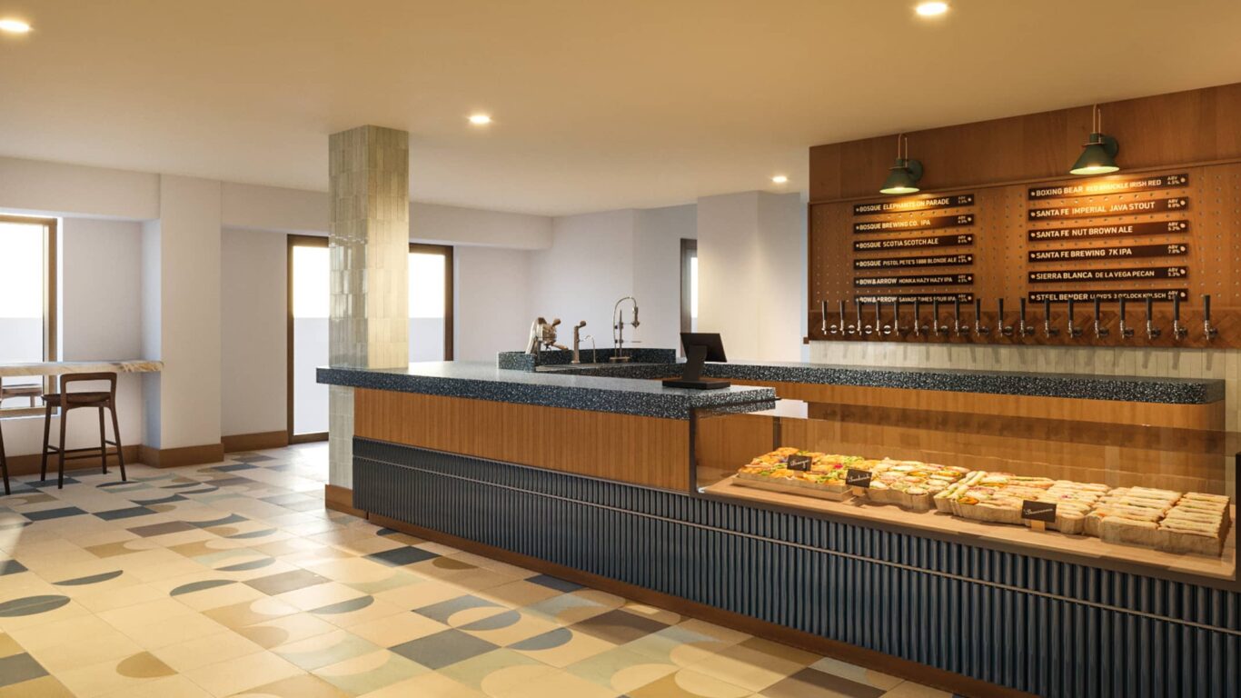 A rendering of the bright counter inside The Market at Rimrock Banff, featuring taps for local craft beers, fresh sandwiches.