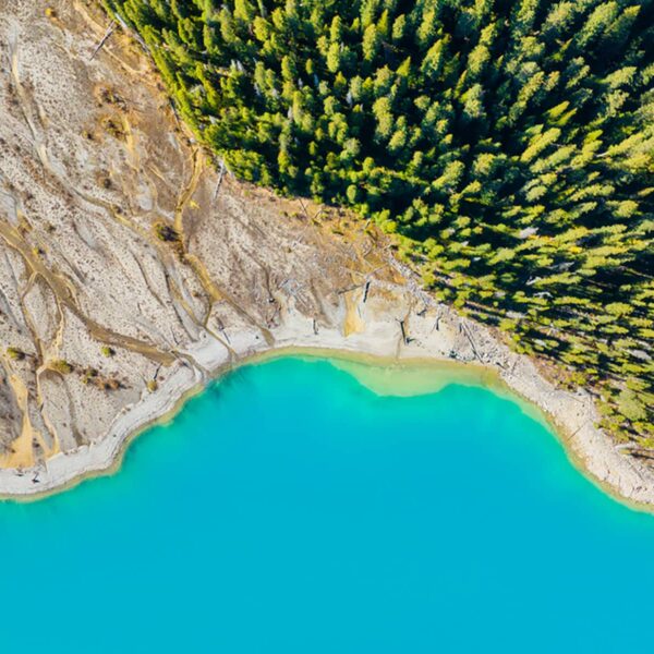 Drone view of the lake and forest in the glacier valley. View of the moraines. Landscape from the air. River on a moraine. Landscape from drone. Abstract view for wallpaper. Banff Alberta, Canada.