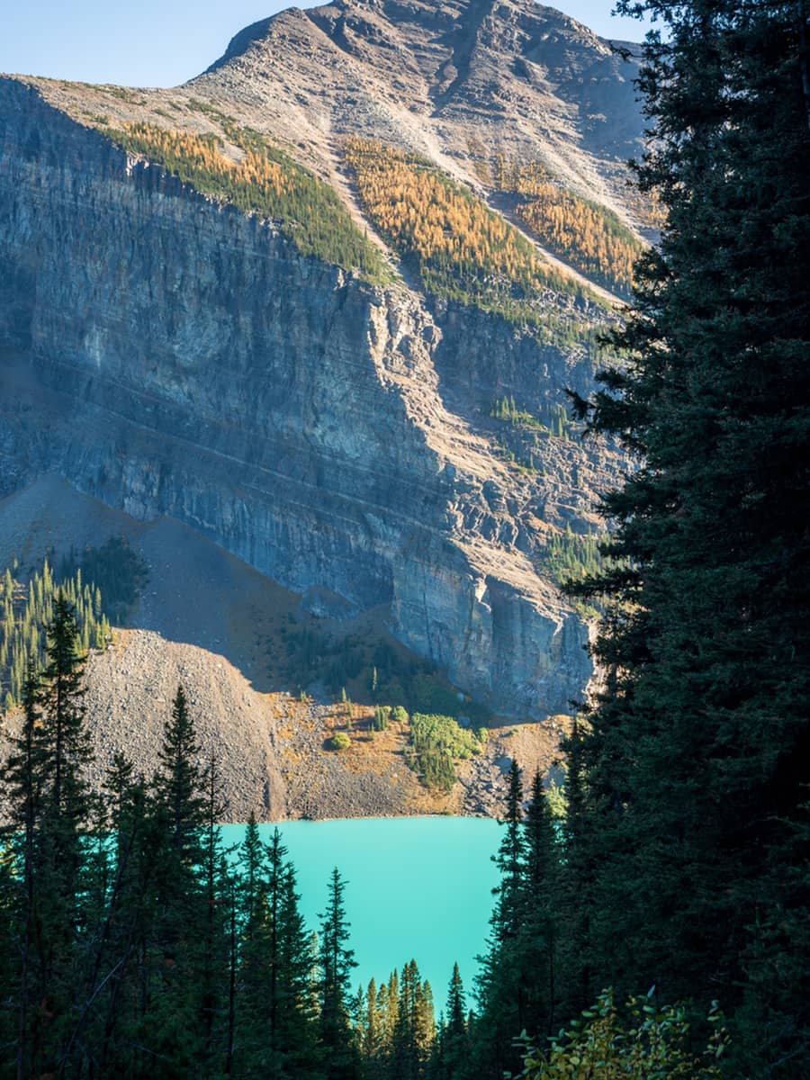 Looking out over Lake Louise. Banff National Park Landscape Photography. Canadian Rockies Autumn Scenery. Alberta, Canada.