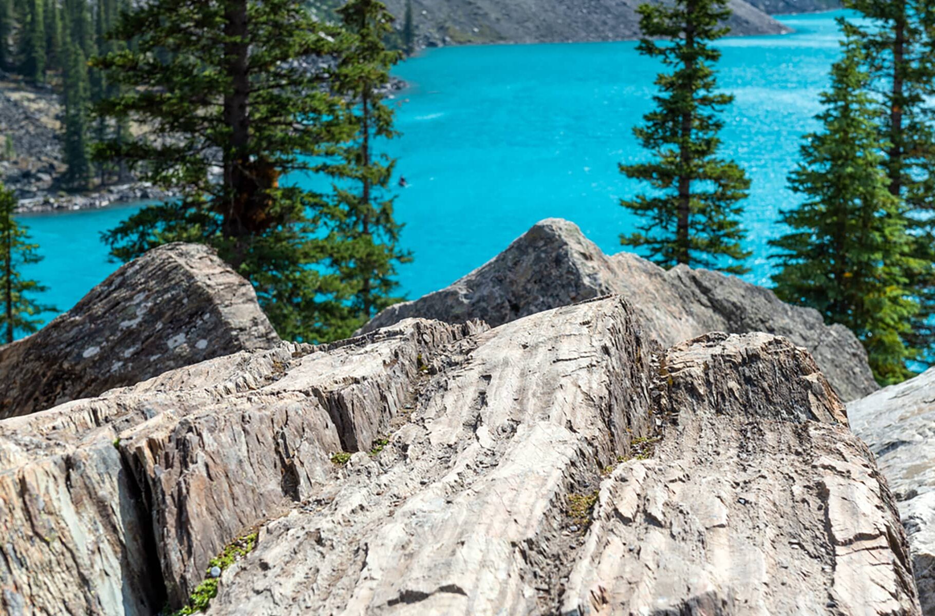 Rocks with glacier erosion traces by Moraine Lake, Banff national park, Alberta, Canada.