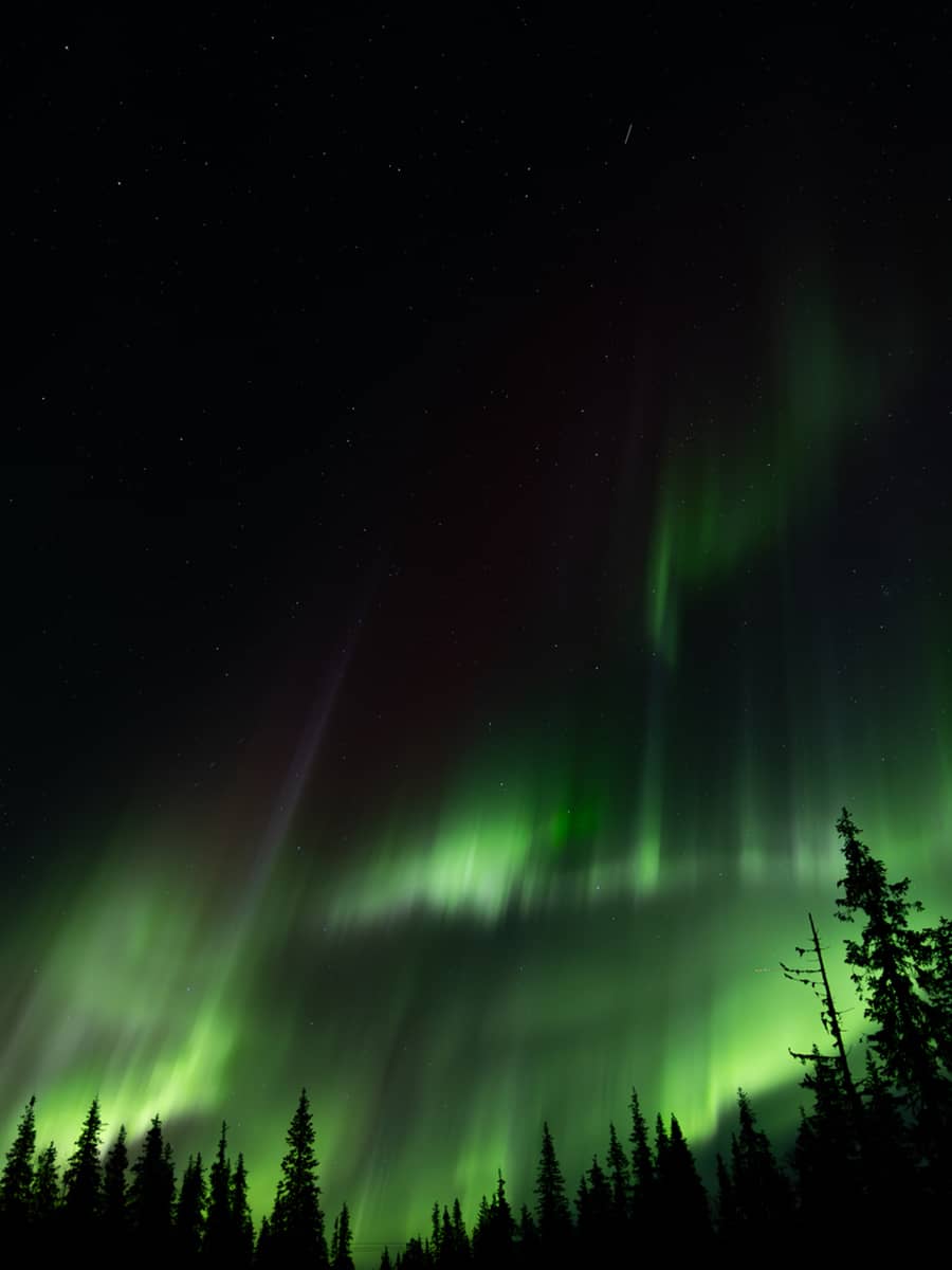 Aurora borealis illuminating the night sky over Banff National Park, with faint stars visible through the glow.