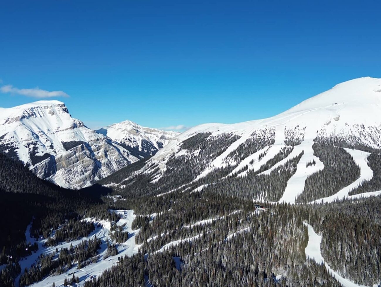 Aerial view of Sunshine Village showing snow-covered alpine ski runs and forested terrain under clear winter skies.