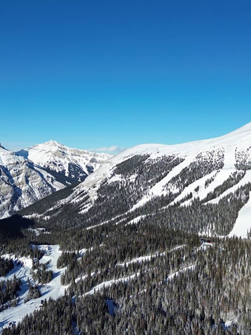 Aerial view of Sunshine Village showing snow-covered alpine ski runs and forested terrain under clear winter skies.