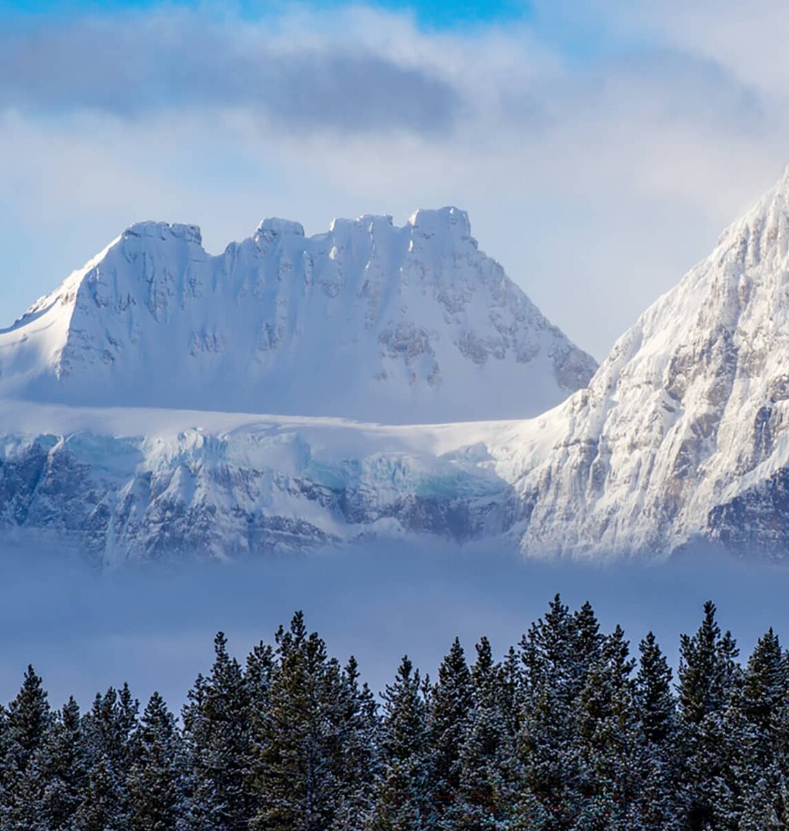 Winter light illuminating rugged, snow-covered mountain peaks rising above a dense evergreen forest in Banff National Park.