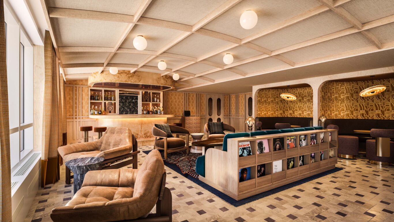 A rendering of the Listening Lounge at Rimrock Banff, with vinyl records rare pours and indulgent bites.