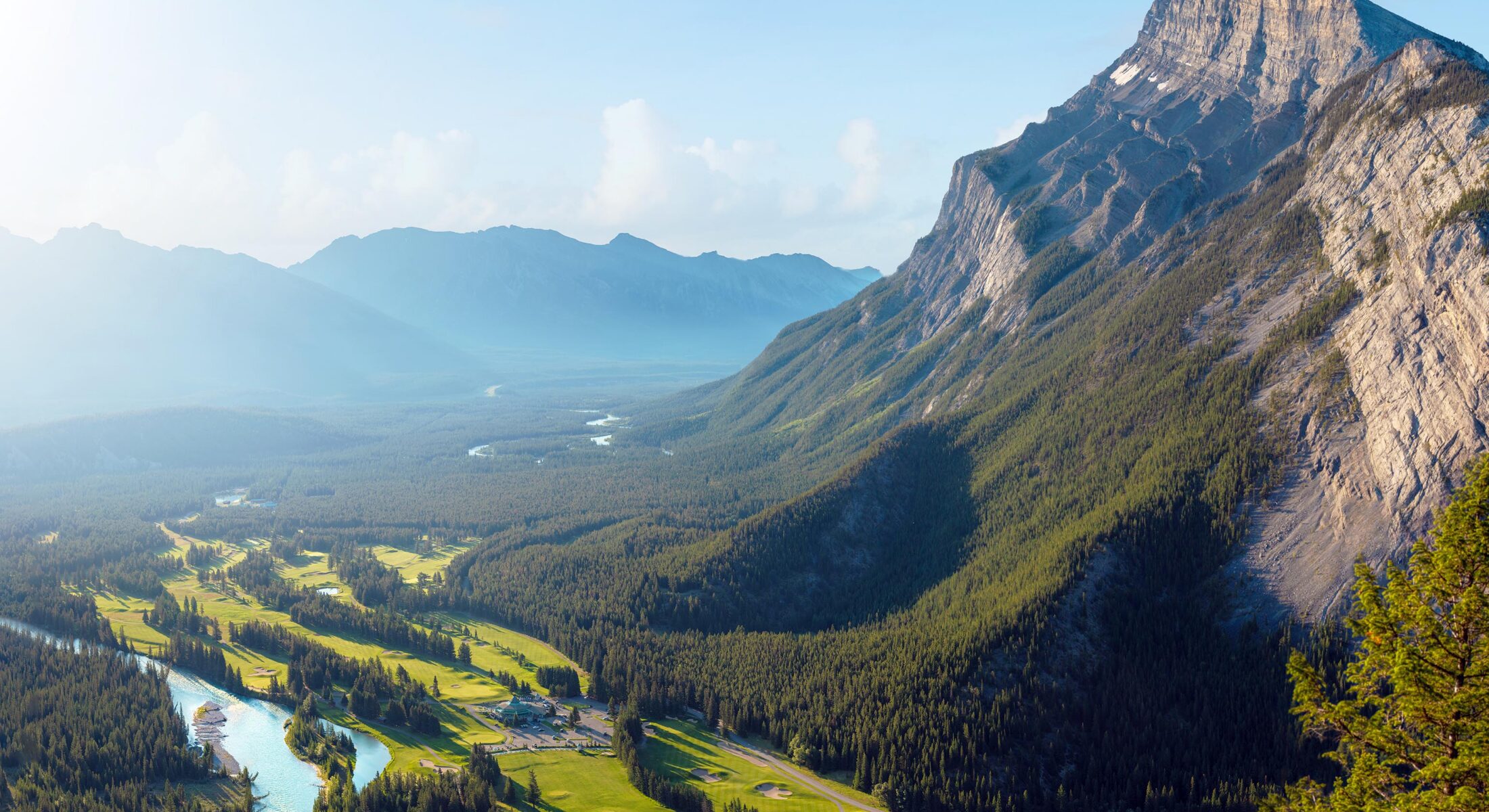 Aerial view of the Banff Springs Golf Course in the Canadian Rockies