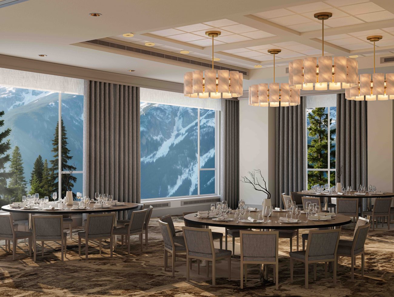 Rendering of Alpenglow room at Rimrock Banff, where meetings are held with the backdrop of the Rocky Mountains in Banff National Park.