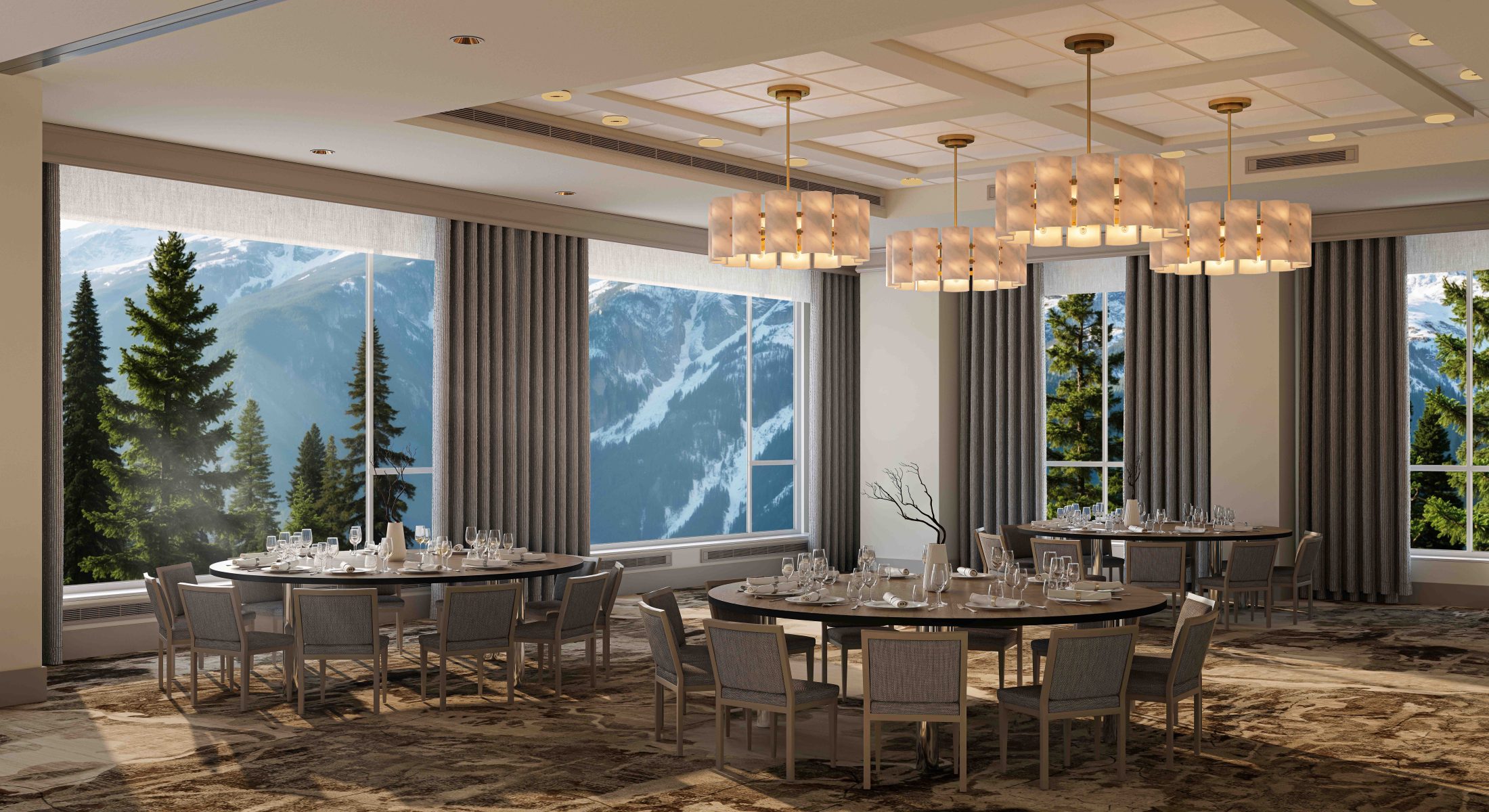 Rendering of Alpenglow room at Rimrock Banff, where meetings are held with the backdrop of the Rocky Mountains in Banff National Park.