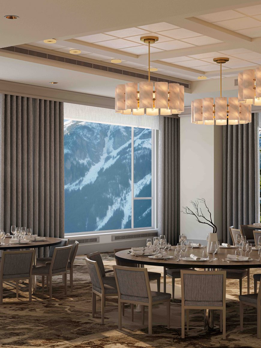 Rendering of Alpenglow room at Rimrock Banff, where meetings are held with the backdrop of the Rocky Mountains in Banff National Park.