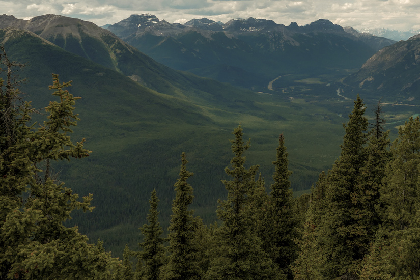 Panoramic view from Sulphur Mountain, of Bow Valley, the Sundance Range, the Massive Range (Mounts Borgeau and Brett, Massive and Pilot Mountains and Mount Temple), and the Sawback Range (Mounts Cory and Edith), Banff National Park, Alberta, Canada.
